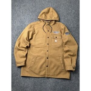 Mens Jacket Carhartt Brown Hooded Button Front Relaxed Fit, Size L